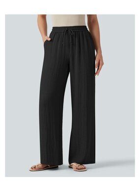 Halara Womens linen-like Black Wide-Leg Drawstring Pants Size S Tall Relaxed Fit